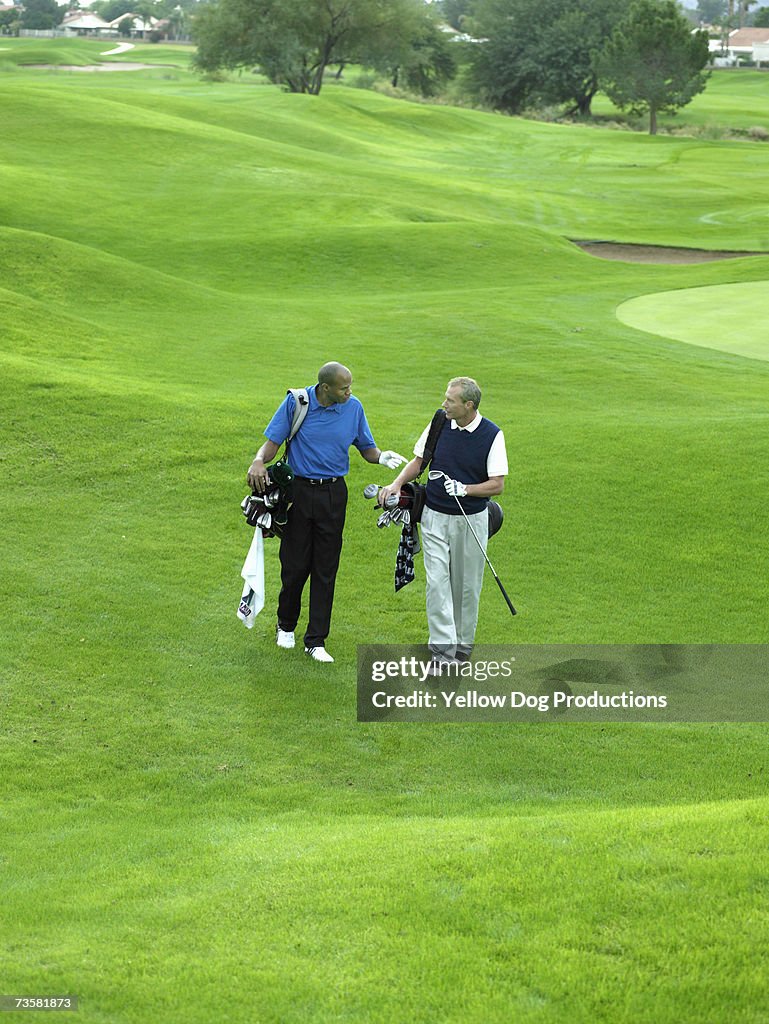 Two male golfers talking, walking on golf course