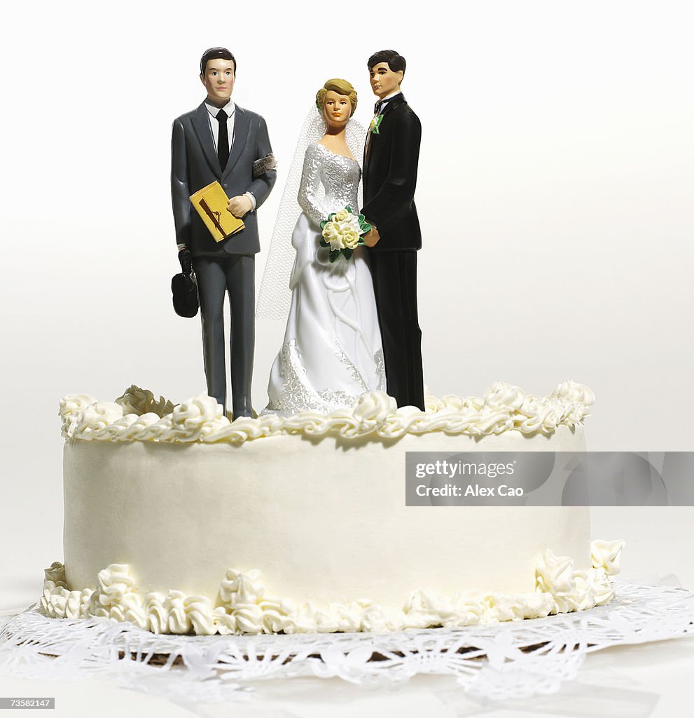 Wedding cake top with groom, bride, and lawyer