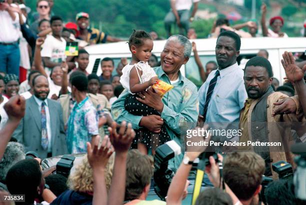 Nelson Mandela, the former president of South Africa on April 21, 1994 at a pre-election rally in Durban days before the historic democratic election...