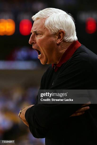 Head coach Bob Knight of the Texas Tech Red Raiders reacts from the sideline in the second half against the Boston College Eagles during the First...