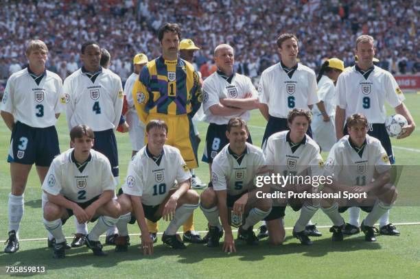View of the England national football team squad pictured together on the pitch prior to the group A game between Scotland and England during the...