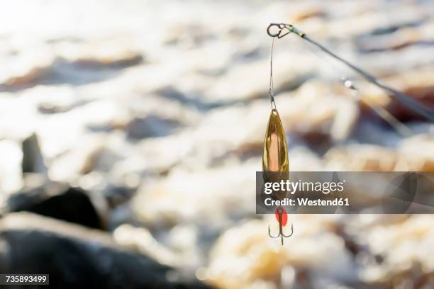 close-up of fishhook - cana de pesca imagens e fotografias de stock
