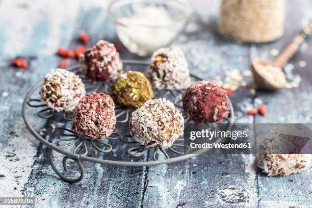 various bliss balls on cooling grid - hemp seed fotografías e imágenes de stock