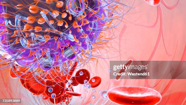 virus with erythrocyte cells and oxygen in the bloodstream, 3d rendering - macro science stock illustrations