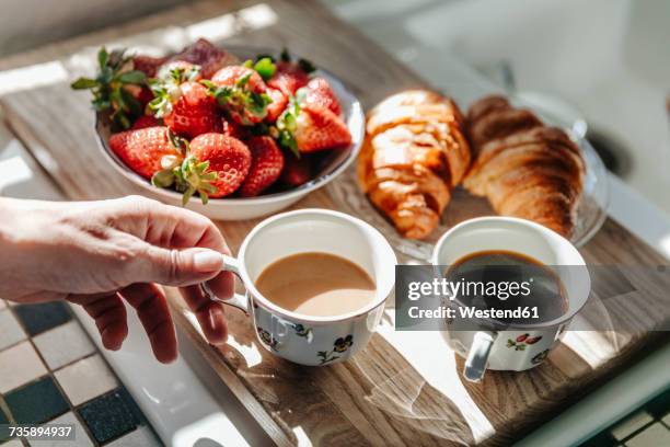 strawberries, croissants and coffee in kitchen - breakfast pastries stock pictures, royalty-free photos & images