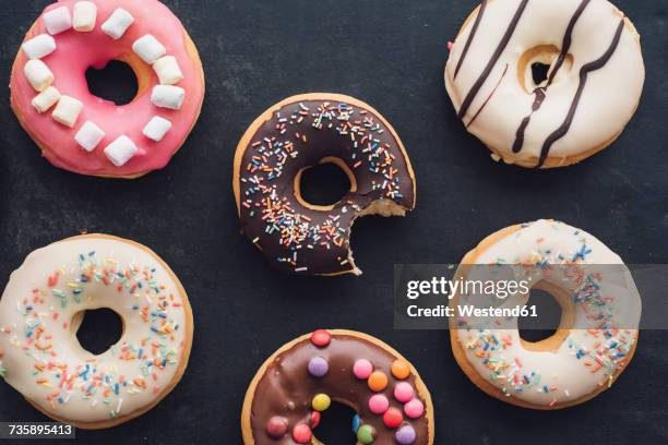 colorful doughnuts with different icings - sprinkling imagens e fotografias de stock