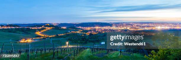 germany, stuttgart-rotenberg, cityscape at twilight with vineyards in the foreground - stuttgart panorama stock pictures, royalty-free photos & images