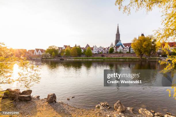 germany, ulm, view to the city with danube river in the foreground - ulm stockfoto's en -beelden