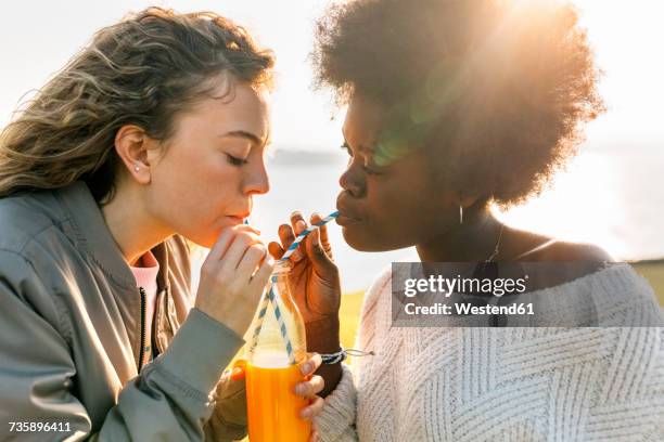 two best friends drinking orange juice outdoors - fruit juice stock pictures, royalty-free photos & images