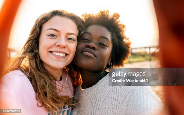 two best friends making a selfie outdoors - girl selfie fotografías e imágenes de stock