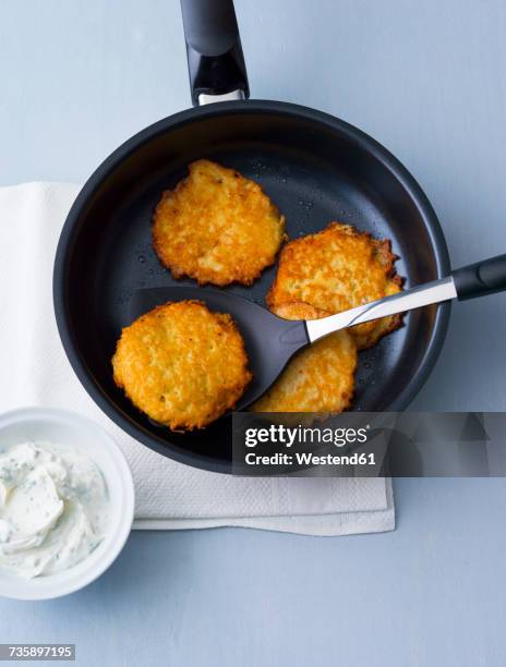 potato fritters in frying pan - potato pancake stock pictures, royalty-free photos & images