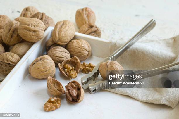 whole and cracked walnuts and nutcracker - nutcracker stock pictures, royalty-free photos & images