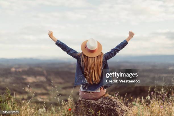 back view of redheaded woman sitting on a rockt looking at distance - free imagens e fotografias de stock