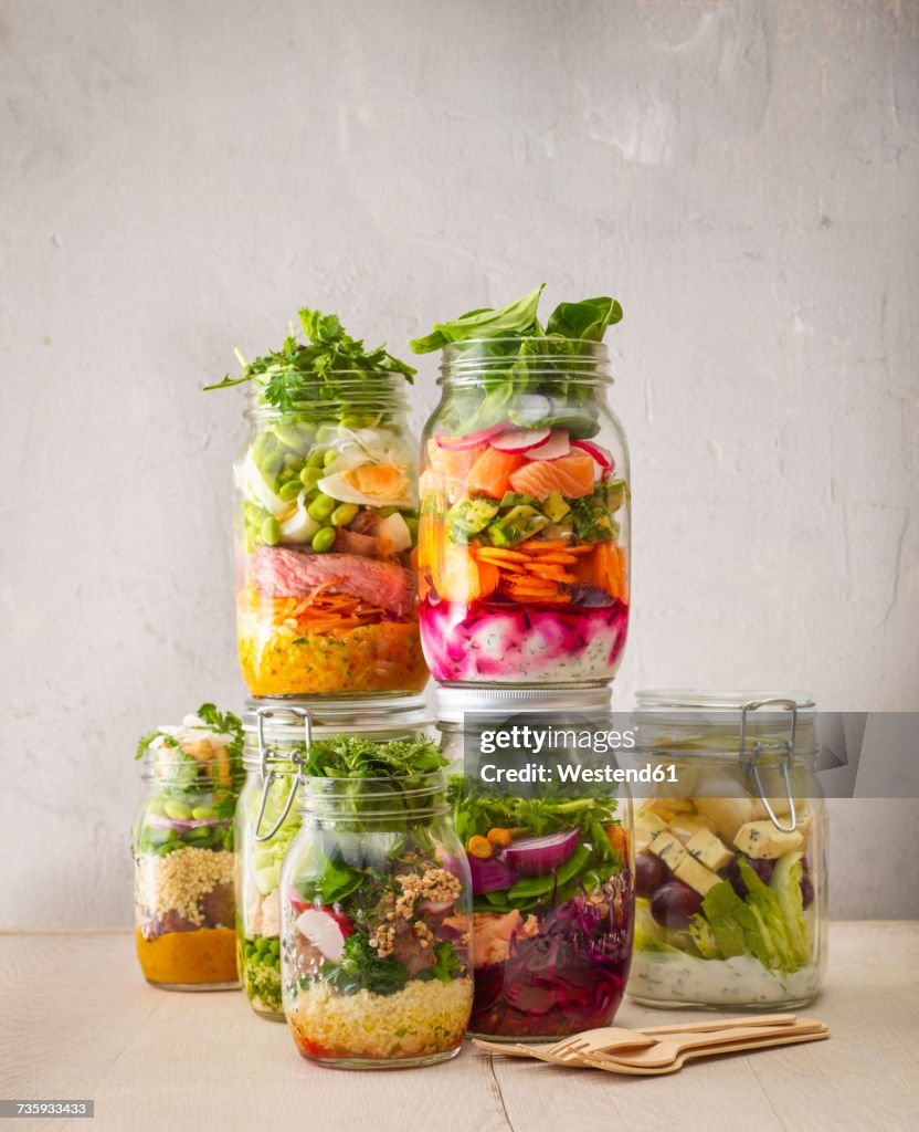 Preserving jars with various salads