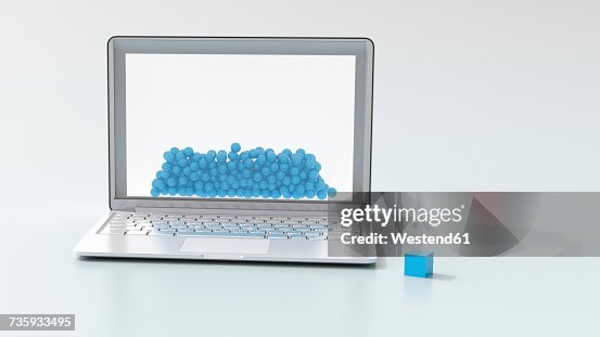 Laptop Blue Balls And A Cube 3d Rendering High-Res Vector Graphic ...