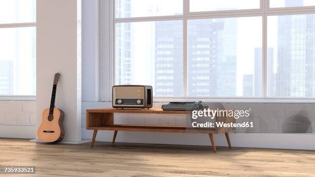 loft with guitar, radio and record player on sideboard, 3d rendering - old radio stock illustrations