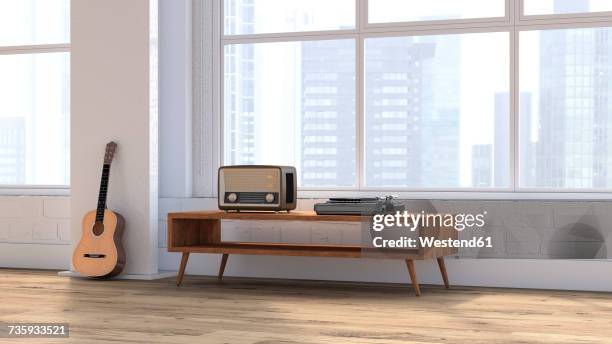 loft with guitar, radio and record player on sideboard, 3d rendering - old fashioned living room stock illustrations