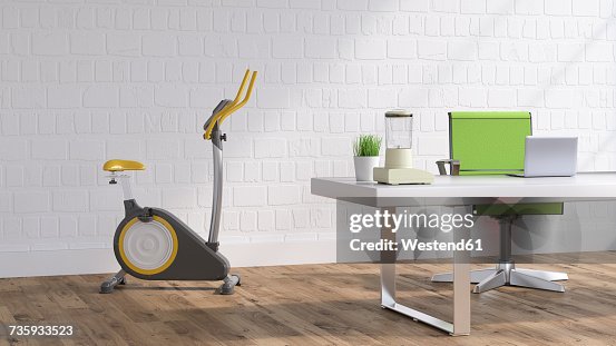 Workspace with Elliptical trainer, 3D Rendering Workspace with Elliptical trainer, 3D Rendering