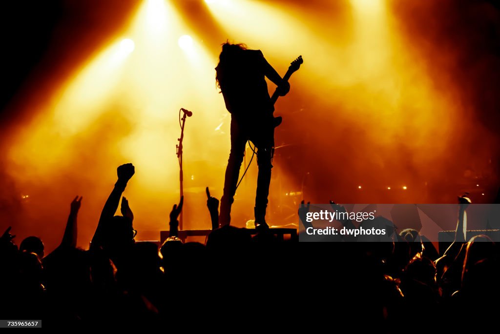 Silhouette Crowd Enjoying While Guitarist Playing Guitar On Stage During Concert