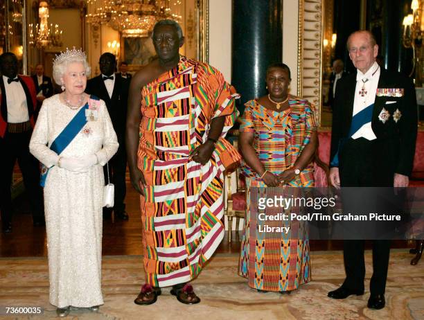 Queen Elizabeth II and Prince Philip, Duke of Edinburgh with the President of the Republic of Ghana, John Agyekum Kufuor and his wife, Mrs Theresa...