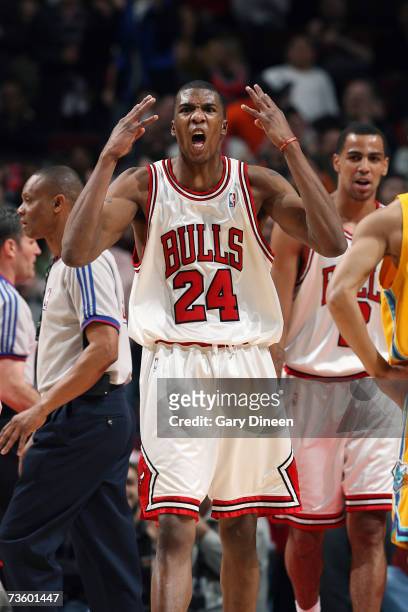 Tyrus Thomas of the Chicago Bulls reacts during the game against the New Orleans/Oklahoma City Hornets at the United Center on March 2, 2007 in...