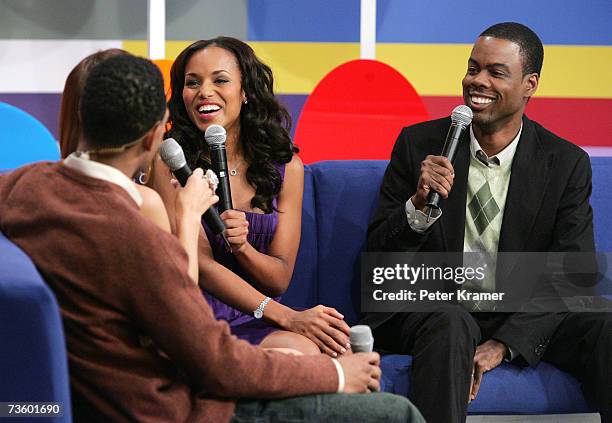 Actors Chris Rock and Kerry Washington make an appearance on BET's 106 & Park on March 15, 2007 in New York City.
