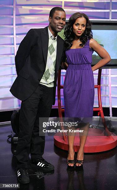 Actors Chris Rock and Kerry Washington make an appearance on BET's 106 & Park on March 15, 2007 in New York City.