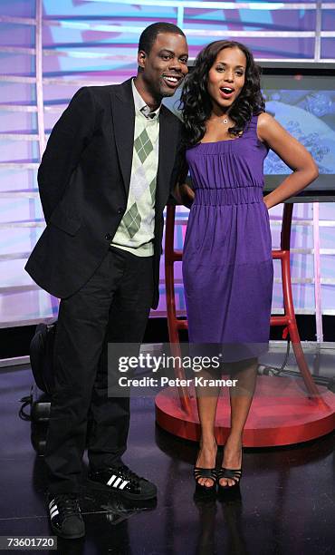 Actors Chris Rock and Kerry Washington make an appearance on BET's 106 & Park on March 15, 2007 in New York City.