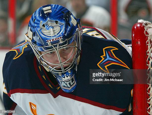 Kari Lehtonen of the Atlanta Thrashers looks on against the Philadelphia Flyers during their game on March 15, 2007 at the Wachovia Center in...