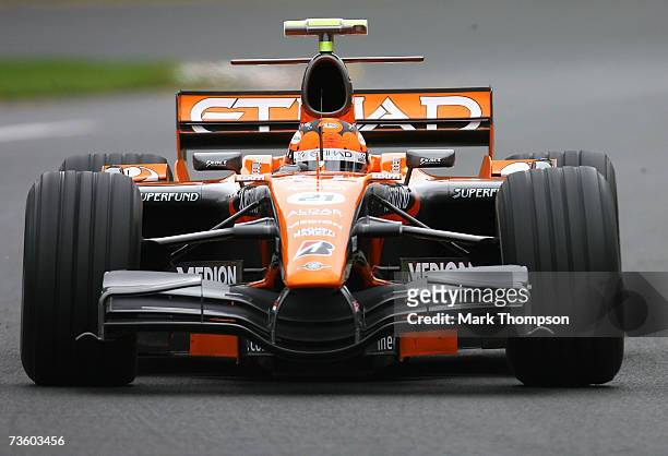 Adrian Sutil of Germany and Spyker F1 in action during practice for the Australian Formula One Grand Prix at the Albert Park Circuit on March 16,...