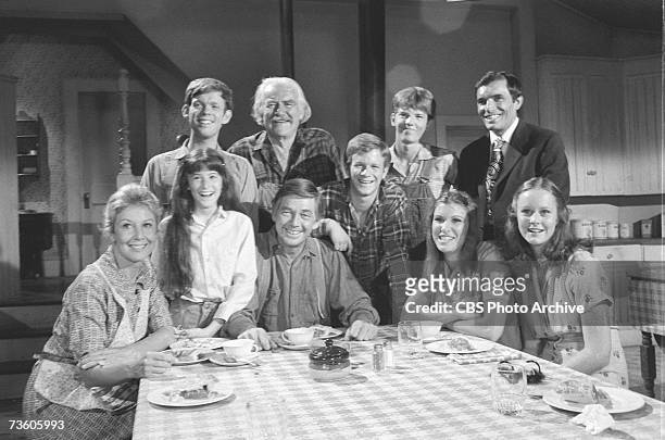 Portrait of the cast of television drama 'The Waltons,' in costume and on the set, taken between the series' fifth and sixth seasons, August 10,...