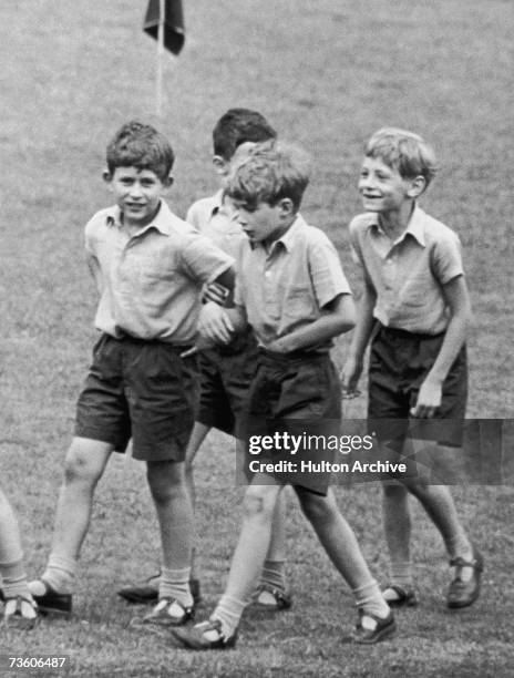 Prince Charles, Prince of Wales with friends at prep school in England, 1957.