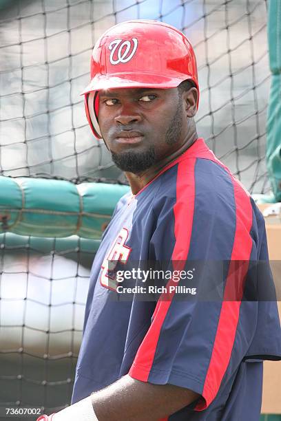 Cristian Guzman of the Washington Nationals looks on prior to the game against the St. Louis Cardinals at Roger Dean Stadium in Jupiter, Florida on...