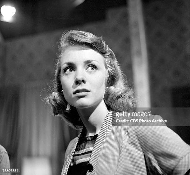 Production still of Swedish-born American actress Inger Stevens in an episode of the television anthology series 'Studio One,' called 'The Conviction...