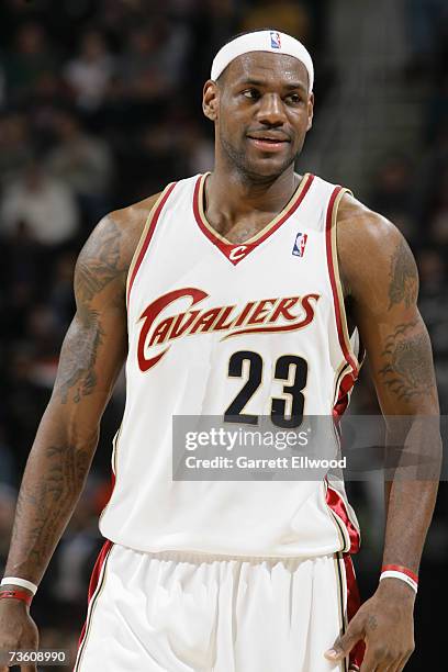 LeBron James of the Cleveland Cavaliers stands on the court during the NBA game against the Miami Heat on February 9, 2007 at Quicken Loans Arena in...