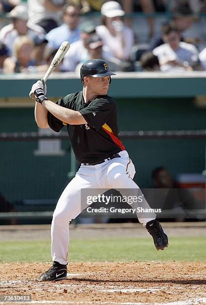 Brian Bixler of the Pittsburgh Pirates steps into the swing during a Spring Training game against the New York Yankees on March 10, 2007 at McKechnie...