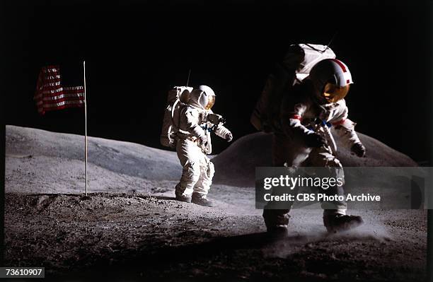 Astronauts walk on the moon in a scene from the television mini-series 'Space,' 1985. The series was an adaptation of the novel by James Michner that...