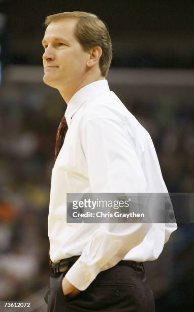 Head coach Dana Altman of the Creighton Bluejays looks on from the sidelines during first half against the Nevada Wolf Pack in round one of the NCAA...