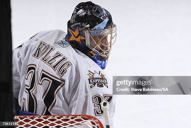 Olie Kolzig of the Washington Capitals watches the play against the Boston Bruins at the TD Banknorth Garden on March 15, 2007 in Boston,...