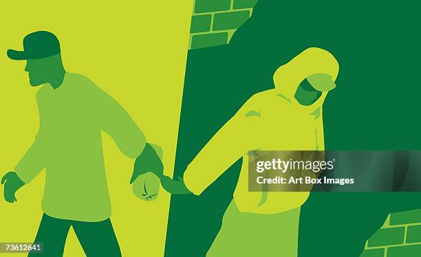 side profile of a man giving a package to a woman - bundle deal stock illustrations
