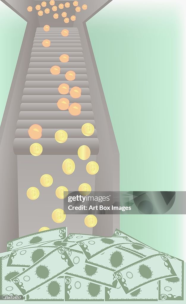 Coins changing into dollar bills