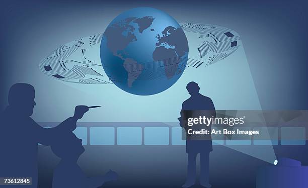 silhouette of three business executives in a board room - diaprojektor stock-grafiken, -clipart, -cartoons und -symbole