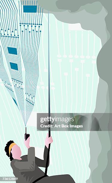 side profile of a man rock climbing with a walkie-talkie - rock wall climbing stock illustrations