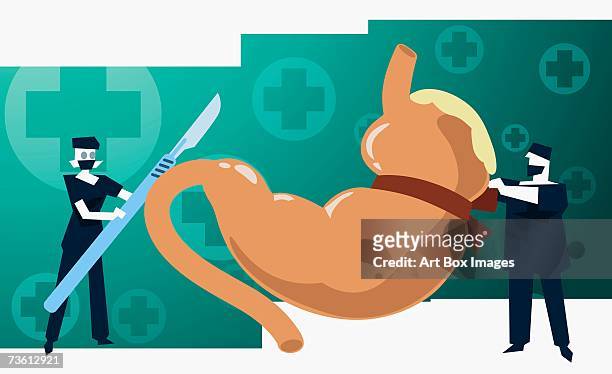 ilustraciones, imágenes clip art, dibujos animados e iconos de stock de male surgeon tying up a stomach and a female surgeon holding a scalpel - curso de primeros auxilios