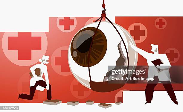 ilustraciones, imágenes clip art, dibujos animados e iconos de stock de male doctor and a female doctor examining a damaged eyeball - curso de primeros auxilios