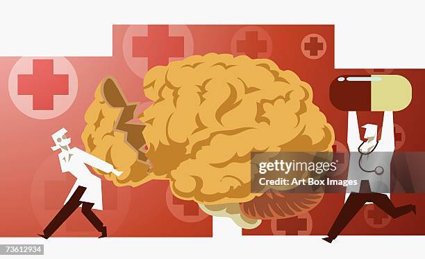 ilustraciones, imágenes clip art, dibujos animados e iconos de stock de female doctor holding a part of a human brain and a male doctor carrying a capsule - curso de primeros auxilios