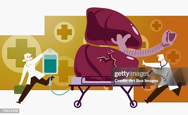 ilustraciones, imágenes clip art, dibujos animados e iconos de stock de male doctor pushing a human lung on a gurney with a female doctor holding an iv drip - curso de primeros auxilios