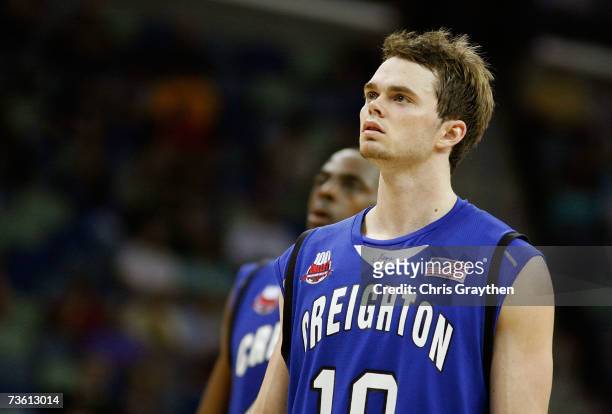 Nate Funk of the Creighton Bluejays walks down court during overtime against the Nevada Wolf Pack in round one of the NCAA Men's Basketball...