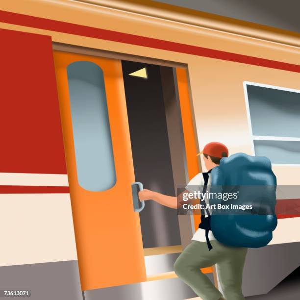side profile of a man boarding a train - getting in train stock illustrations