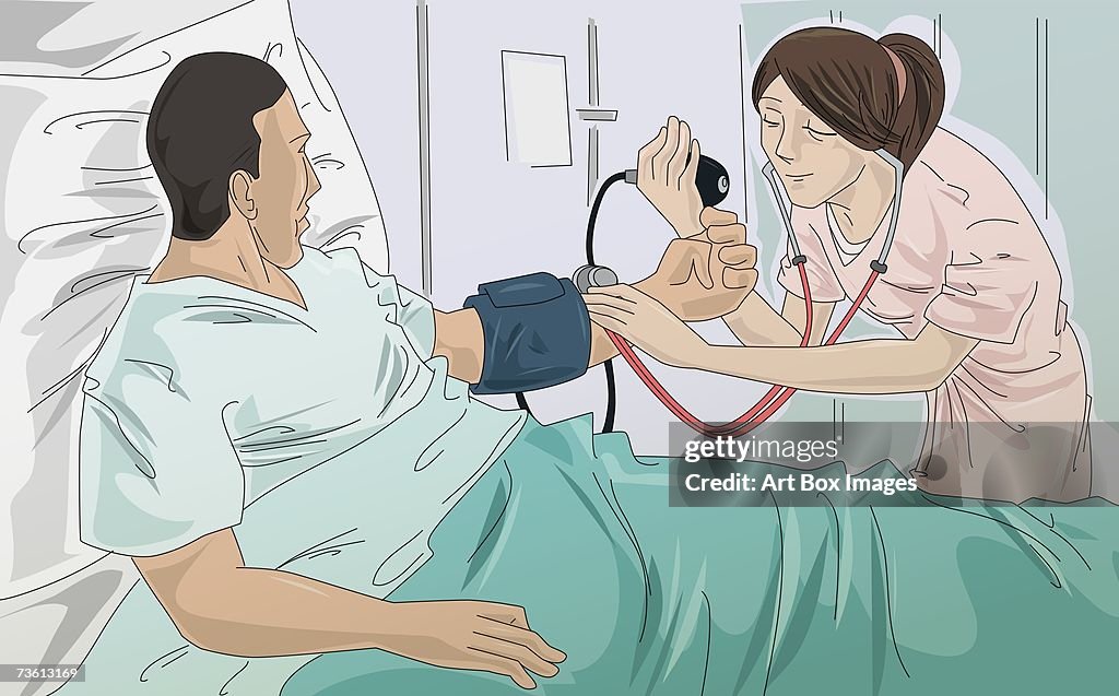 Female nurse taking a male patient's blood pressure